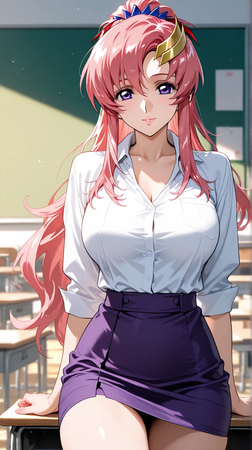 a female anime image with the model as an anime character, 1girl, breasts, skirt, cleavage, long hair, one eye closed, open mouth, shirt, large breasts, blush, rubbing eyes, jacket, smile, collarbone, white skirt, pleated skirt