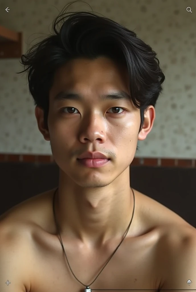 Young man , face perfect, honey eyes , skinny sexy , shirtless big muscular ,short straight rebellious hair, He's sitting on his bed in the dirty, poor, filthy room in the favela. , He is 18 years old 