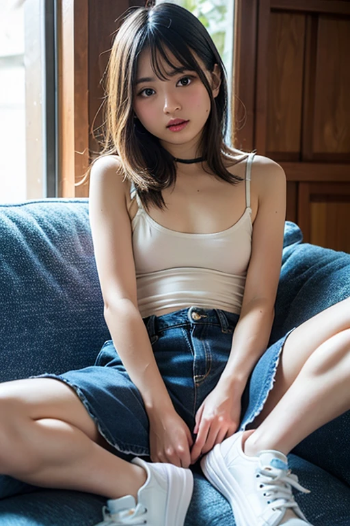 An ultra-high picture quality、Perfect Photo、Japan beautiful girl、 Japanese high school  girl、Black Haired Beautiful Girl、(Denim Mini Skirt)、((Raised mini skirt))、(sit on sofa)、(It hurts a lot)、(((White panties are visible))）、(half-opened mouth)（I can see a little bit of underwear）、kne、ankle、Light makeup、weak gaze、(((Anxious expression)))、