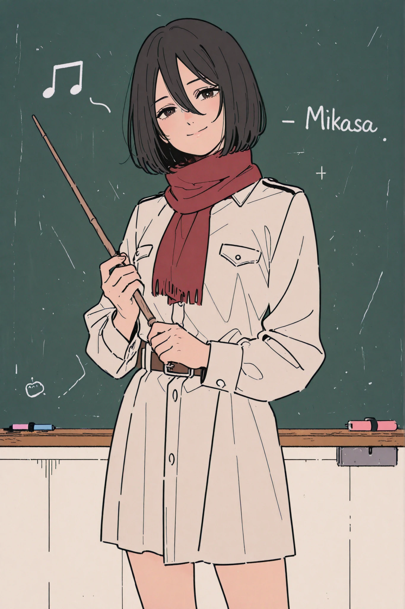 anime style, mid-shot of a sweet female instructor inspired by Mikasa Ackerman, holding a long wooden pointer in one hand while teaching, short black hair with straight bangs, calm and kind expression with a faint smile, wearing a modern military-inspired uniform softened with pastel tones, red scarf around her neck, standing in front of a large chalkboard with lesson notes and cute doodles, minimalistic classroom background, soft lighting, flat colors with clean lines, stylish and minimal design, best quality, masterpiece
