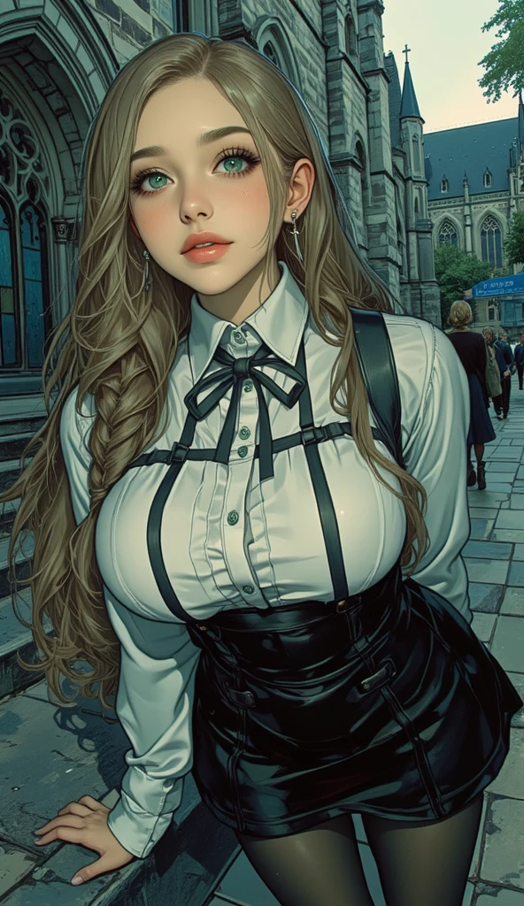 A beautiful young fashion model, 12 years old, full body, wearing a Latest fashion school uniform, comically jumping and walking down the runway, outdoor, detailed face, large eyes, long eyelashes, beautiful lips, intricate hairstyle, (best quality,4k,8k,highres,masterpiece:1.2),ultra-detailed,(realistic,photorealistic,photo-realistic:1.37),vibrant colors, dynamic lighting, cinematic composition, fashion photography, whimsical, playful