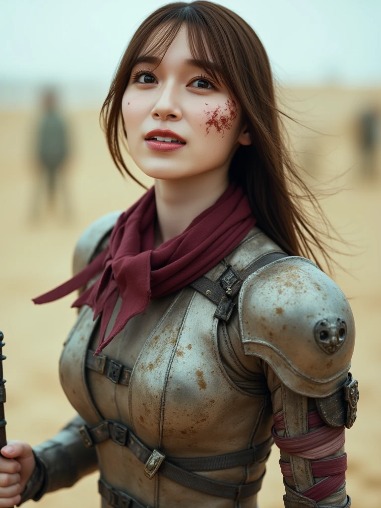 Close-up of a ((extremely beautiful girl warior)) , half human, half beast, their faces a bit partially obscured by military helmets. Their eyes are filled with hapiness and longing. The background is a trail of blood and violence. SHe wears a mechanized robot armor, carved with animal elements, human skulls. The sky is filled with swirling, fiery clouds. The photo conveys a strong sense of the warrior's appearance, ((smiling))