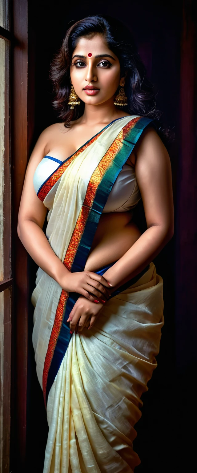 a woman in a white and orange sari posing for a picture, dressed in a sari, wearing a sari, nude breast ,no blouse , alluring plus sized model, assamese aesthetic, wearing sari, indian goddess,, breast, nipple, traditional beauty, very seductive pose, studio shoot, modeling shoot, with lovely look,