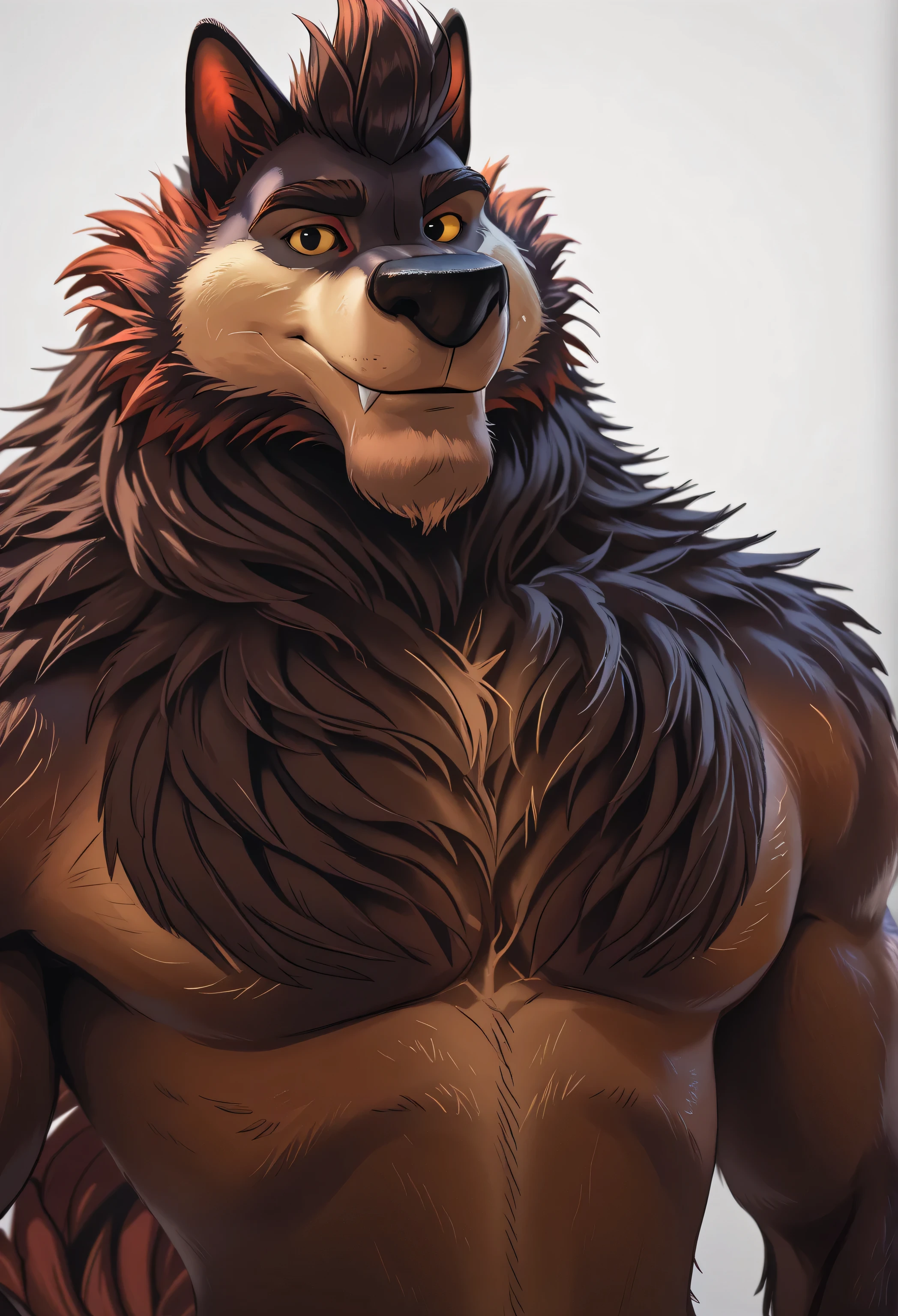 Flasheart Lupin (100% Wolf), yellow sclera, solo, detailed, detailed face, black eyes, anthro body, male, adult, muscular, cartoon shading, cel shaded:1.0, flat colors, (no background, white background):1.5, shirtless, wfa style, negger style, cartoony anatomy, above waist, looking at viewer, posing, smile put buff body