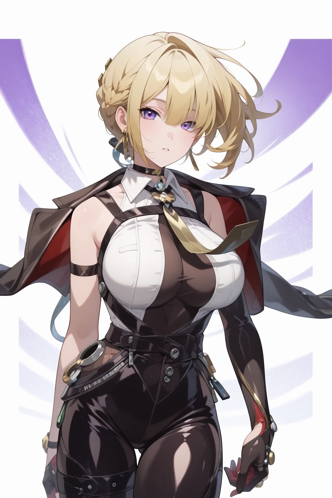 (absurdres, 8k, 4k, masterpiece, hyper extreme detailed:1.2), solo, 1girl, front view, perfect face, 1girl, portrait, looking at viewer, solo, standing, Female, toned body, mature female, medium breasts, pale, blonde hair, medium hair, sarcastic, delinquent, purple eyes, swept bangs, scars, gross, messy, dirty, bloody, snarky, smirk, medium body, gyaru, crazy face, crazy smile, crazy eyes, hands on hips, wind, windy hair, moving hair, black ribbon, hair buns, adventurous, scarf, gloves, draping hair, eye patch, gothic, goth, gothic clothes, belts, suspender, corset, white sleeves, black cuffs, garterbelt, shorts, stockings,
