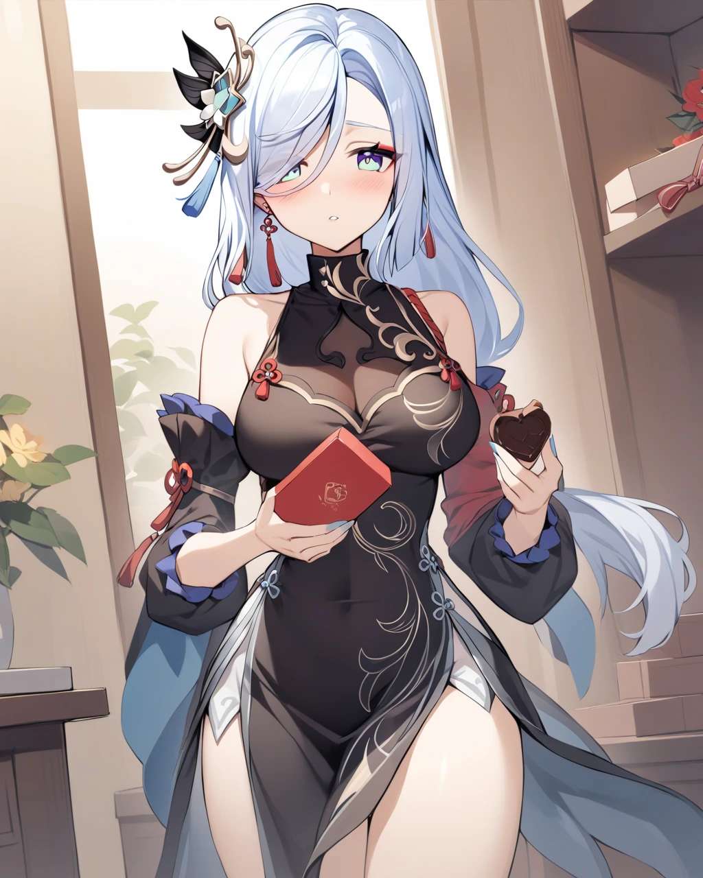best quality, masterpiece, ultra high quality, highres, wallpaper 16k, full body, 1girl,solo,pale skin,perfect body,glossy skin,killer,shenhe \(genshin impact\),(hair over one eye),long hair,tassel,gloves,breast curtain,(black bodysuit),bodysuit,tassel earrings,(close-up photo:1.1),(supergiant breasts:1.3),(arms behind back),white hair,(hair decoration),(hair ornament), looking at viwer,