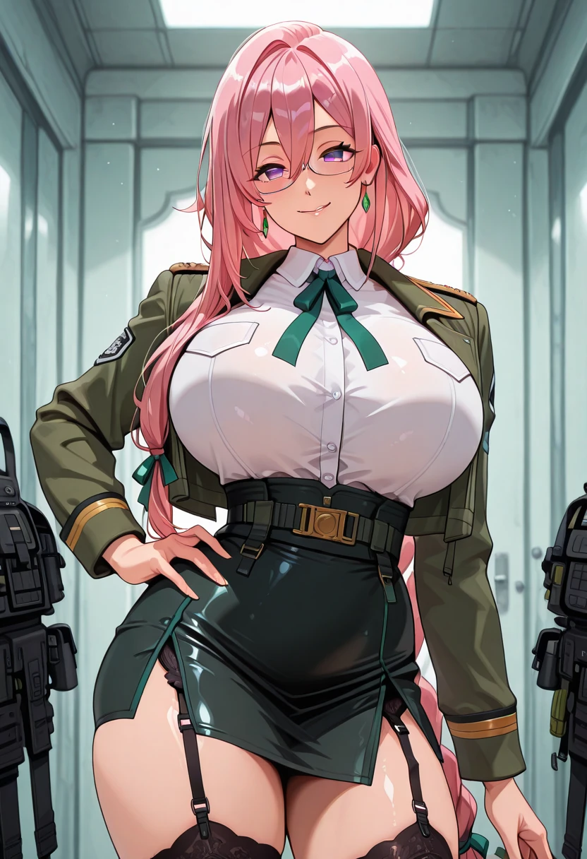 Anime serious plump girl, Zara, zara's large pigtails hairstyle, 2 toned pink hair, light green eyes, serious face, huge and round buson, gorgeous plump body, green soviet uniform, bullets belt, knife in hand, Dynamic pose, action position