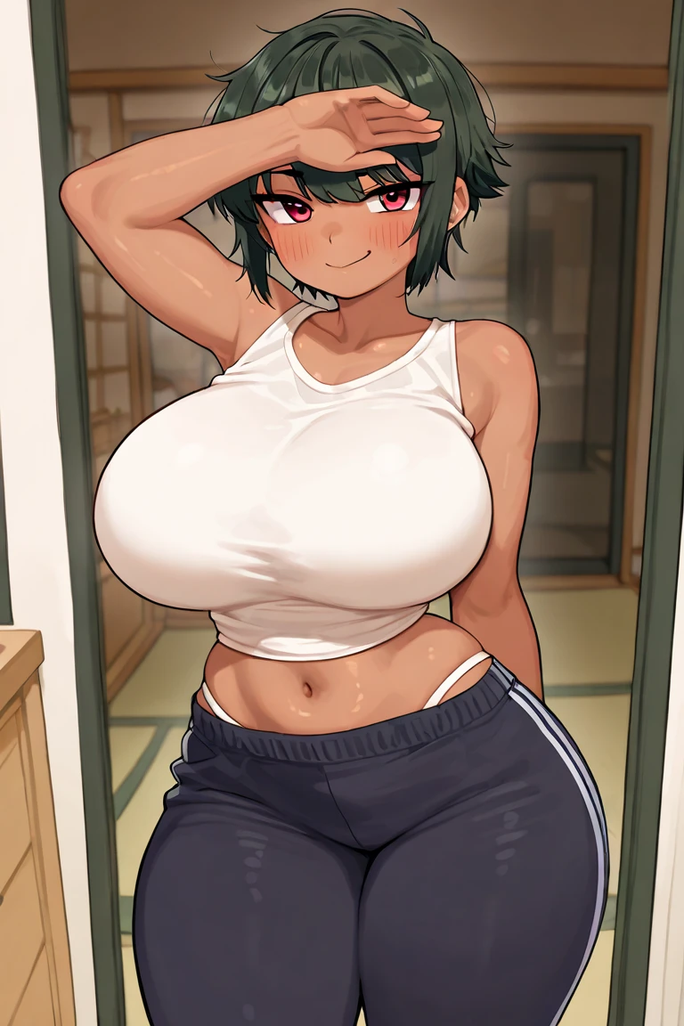 (perfect body),highest quality,(8K portrait),(anime screen cap)、(nsfw)、((surprised)),blush,Sweat,((big breasts)) ,((swollen nipples))、(black hair),((bob cut))、yellow eyes,(thick thighs),((gray sports panties))、gray sports bra、adult woman、((:o))、locker room、hand on chest、