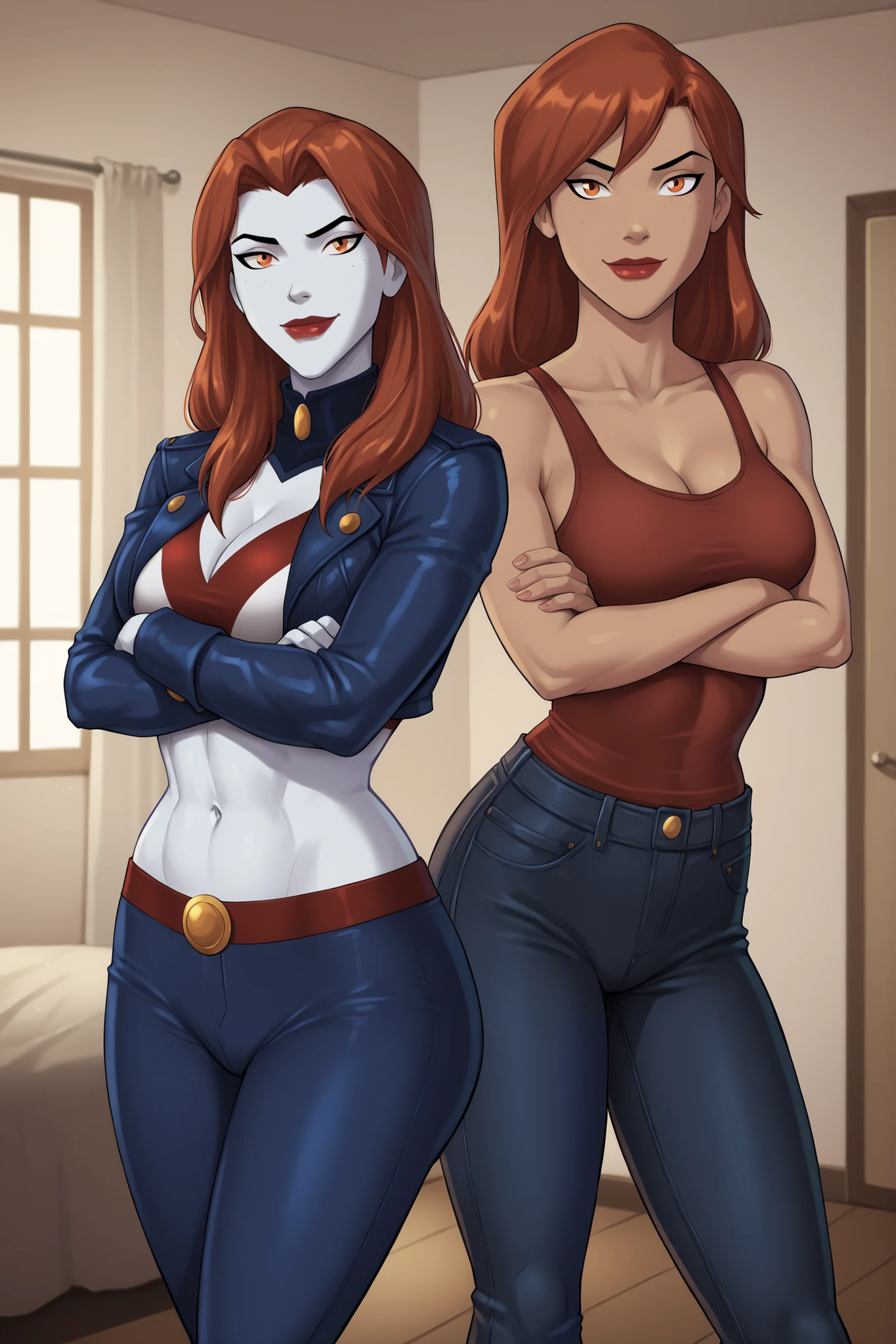 PonyXLV6_Scores BREAK (perfect anatomy, perfect eyes), BREAK mgann morzz, long hair, red hair, colored skin, frost white skin, orange eyes, makeup, dark red lipstick, ((looking at viewer)), superhero, navy leather jacket, red tank top, navy leather pants, curvy, athletic, large breasts, indoors, smile, bedrom, seductive expression, standing, arms crossed, crossed arms, closed mouth