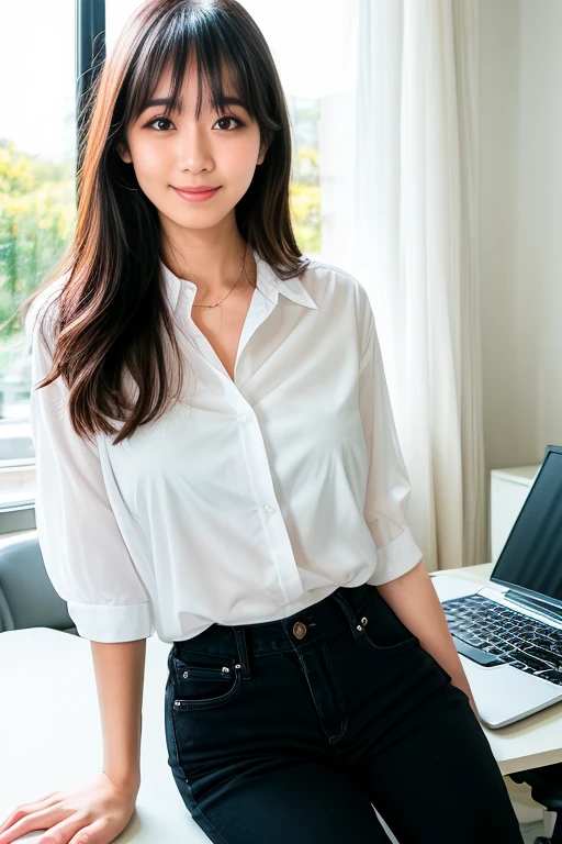 (Highest quality:1.5), (Real:1.4), (Ultra high definition:1.4), (1 Japanese skinny woman in her twenties), (skinny body), skinny face, (White plain blouse), (Long skirt), pumps, (skinny woman is standing in living room at home), (20's skinny woman is standing with white blouse and long skirt on office street), (front view of a skinny woman), office Street, (Close up of upper body), (smile), (Turn your body forward), (upright), (skinny), (skinny), (Very thin)