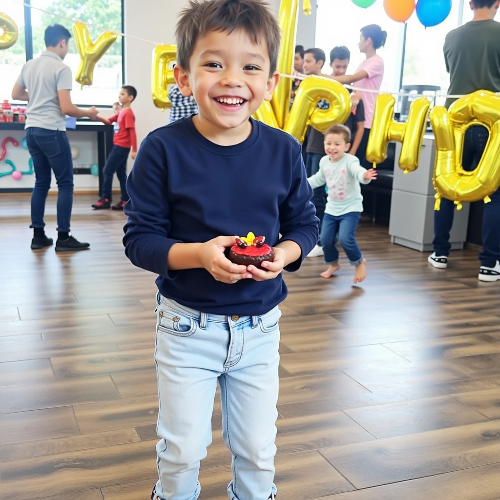 guttonerdvision5, (((illustration))) of a happy 3-year-old boy wearing glasses, wearing a birthday party hat, holding a party balloon. cinematic lighting, depth of field, uhd, (((illustration by Alex Ross)))
