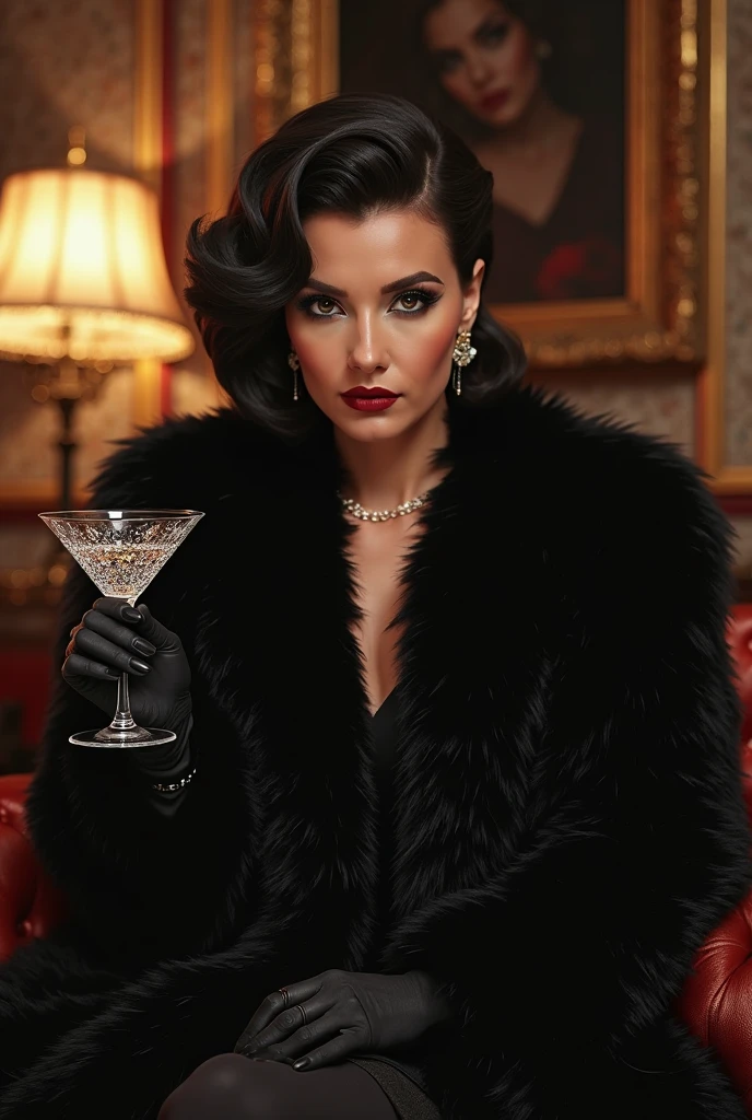 yperrealistic portrait of young sexy and elegant femme fatale woman with black glittery cascade hair, 45 ans, dressed in a very voluminous femme fatale coat and thick fur stole around bare shoulders and crystalline black evening formal dress underneath of it and wearing a long black elbow gloves, smoking cigarette, Realistic photo, dynamic lighting, affiche, volumetric lighting, highly detailed faces, 4k, prime,, 1fille, , discret,Tir de cow-boy ,cheveux longs,Cheveux noirs, very big breasts, festival de Cannes,