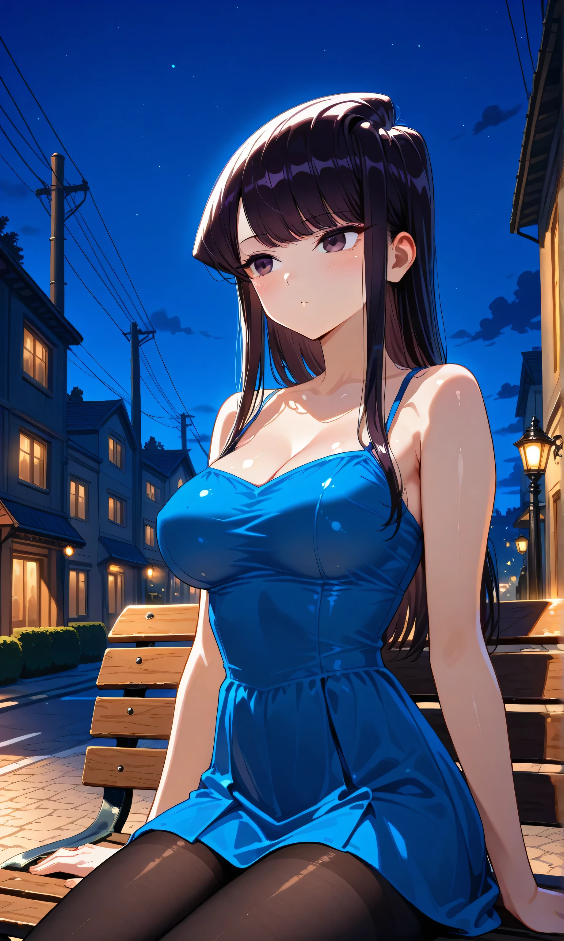 tmasterpiece， Best quality at best， 1girll， （full bodyesbian）， Os amigos， （brown  hair）， is shy，huge tit， Be red in the face，pony tails，Big earrings， （long eyelasher）， （beautiful make up）， （Blue and white striped bikini）， （Light swimsuit）， （Tight swimsuit）， （Soaked body）， （Blue and white striped swimsuit）， （Bustling street）