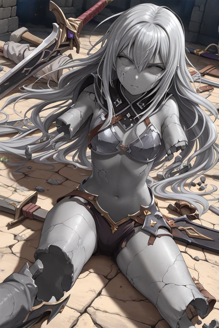 Fantasy art、1 female,The perfect 25 years old,((ideal ratio body proportions,small head:1.7)),((tan skin)),((high quality anime, 8k,masterpiece,Perfect Anatomy)),(beautiful detailed face and eyes,gorgeous eye:1.3,Almond Eyes), BREAK ,brown eyes, BREAK ,female knight、(silver hair),Straight long hair,bangs,blush,sad,cowboy shot,medium breasts,slender body,skinny,sweat;1.3, BREAK ,Sexy blue bikini armor、bara shoulder, BREAK ,sitting,Injury:1.5、Healing bandages, Simple bed、A world of swords and magic、indoor、Simple mountain hut、