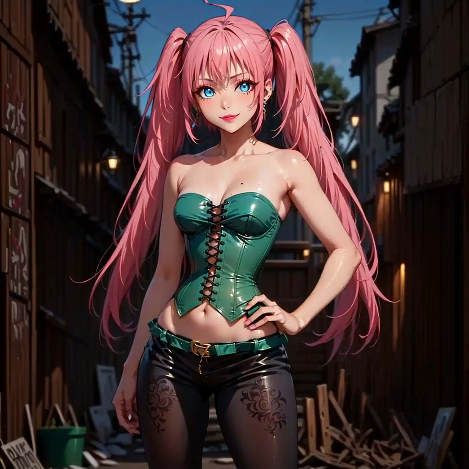 ((1girl, solo ,alone)), ((solo, 1woman, ((milim nava, small bust, twintails, ahoge, blue eyes, long hair, pink hair, small breasts,)), woman, earrings, Extremely detailed, ambient soft lighting, 4k, perfect eyes, a perfect face, perfect lighting, a 1girl)), ((solo, (1woman, gold earrings), Extremely detailed, ambient soft lighting, 4k, perfect eyes, a perfect face, perfect lighting, a 1girl)), , ((fitness,, shapely body, athletic body, toned body)), ((smug, flat chest, plunge corset, green corset, leather pants, city, street, night, lace up corset, red lipstick, shy smile, cleavage, sexy, intricate details corset, intricate pattern print corset))
