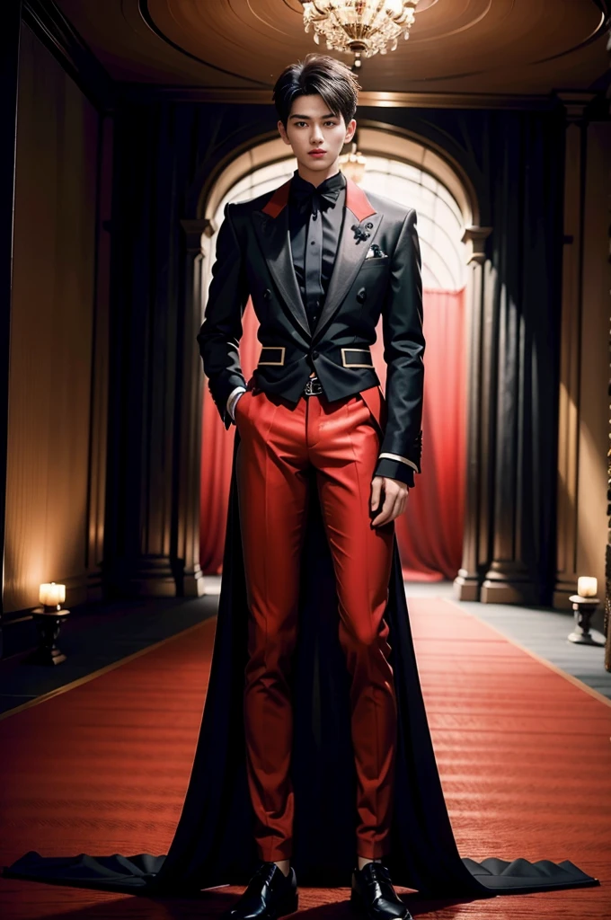 masterpiece, 最high quality, high quality, 1 boy, alone, Male focus, Watching the audience, Messy black hair, Adorable big blue eyes, White, Noble, Noble,A sexy, voluminous, puffy cape、tuxedo、A very voluminous, large, very large, very large, long, long red and black cape with a high stand-up collar, made of a lot of fabric that reaches down to the floor., 17 years old,Cute beautiful boys,Cute, cute, kind, handsome guy