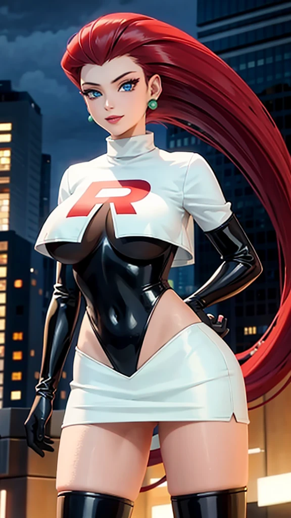 score_9, score_8_up, score_7_up, 1girl,solo,1girl,solo,jessie \(pokemon\), black latex highleg one-piece swimsuit, upper body, blue eyes,outdoors, standing, gloves, turtleneck, bare shoulders, team rocket, latex thighhighs, looking at viewer, blurry, eyelashes, covered nipples, thighs, breasts apart, (large breasts:0.7), (cameltoe:0.7), <lora:SadeXL_v1.8-000022:1>