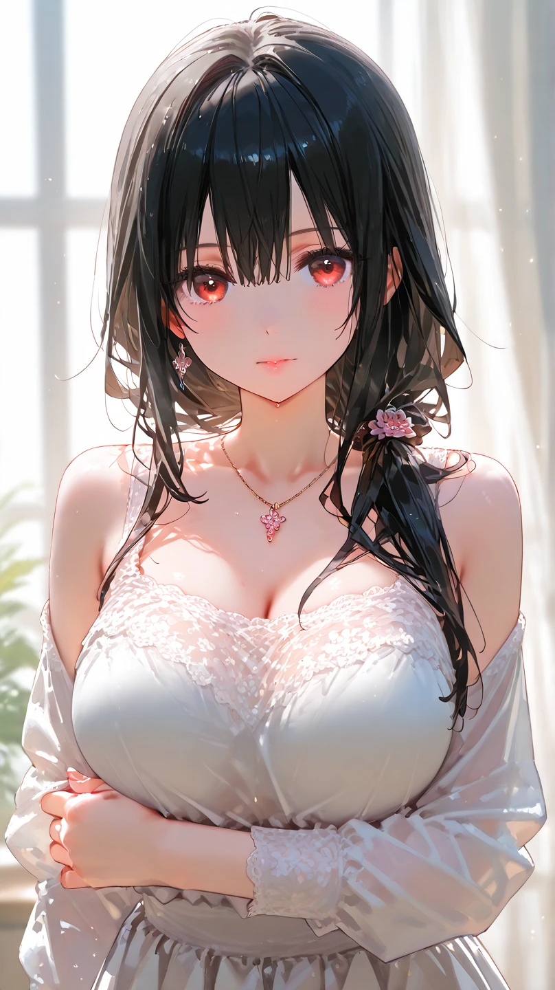 (((Yor Briar))), long black hair, red eyes, ulzzang, gold headband, realistic depiction, elegant appearance, pale and shiny skin, full lips with lip gloss, red and gold monochromatic color scheme, soft lighting, cleavage, huge tits, lingerie, thigh highs, casual, ((arms behind back)), sexy, blushing