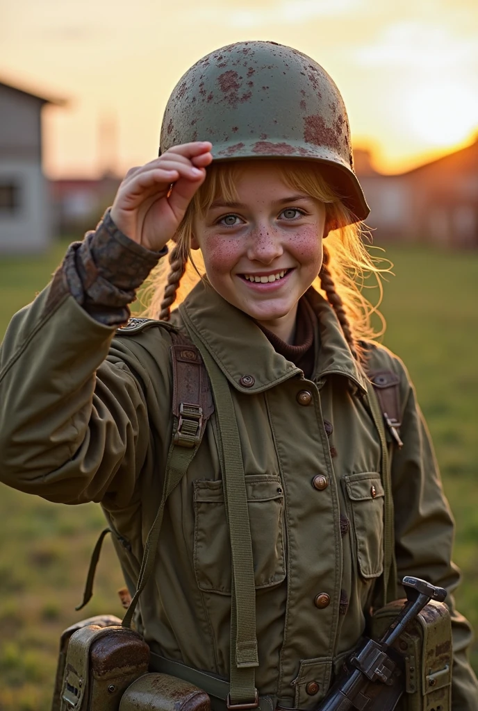 A Greta Thunberg is a soldier, in the war, military clothes, a helmet, war background, ultrarealistic, 4k, FOV, shadows, ((Greta Thunberg))