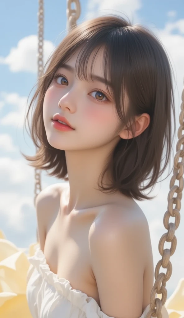 (masterpiece:1.2, Highest quality), (Realistic, photoRealistic:1.4), Ultimate beauty、mature、(Beautiful Features、Detailed lips, Beautiful eyes with attention to detail)、(Beautiful Teeth), blush, Captivating Gaze、masterpiece,(Highest quality,Hyper Detail)、 Natural Makeup,Looking at the camera、Looking up、alone,Cute woman in her 20edium breast、Short Bob Hair、(Bangs too)、((topless:1.6))、Mysterious Beauty, Perching on the clouds, (Fantasy Illustration:1.3), Captivating Gaze, Seductive posture, The charm of another world, Mystical Sky, (Written by Luis Royo:1.2), (Yoshitaka Amano:1.1), ((moon 夜)), pastel colour, (Cloud Detail View:1.3), Outdoor、palace、 (Succubus、Nipples、Gothic maid outfit、Black Choker、Earrings), Side Lock, (Midnight background, full moon、Fantasy、Floral、petal)、(????? is on it:1.5)、(Bust up shot)、(Shot from above)、(I'm worried、Open your mouth:1.2)、(Licking your fingers:1.2)