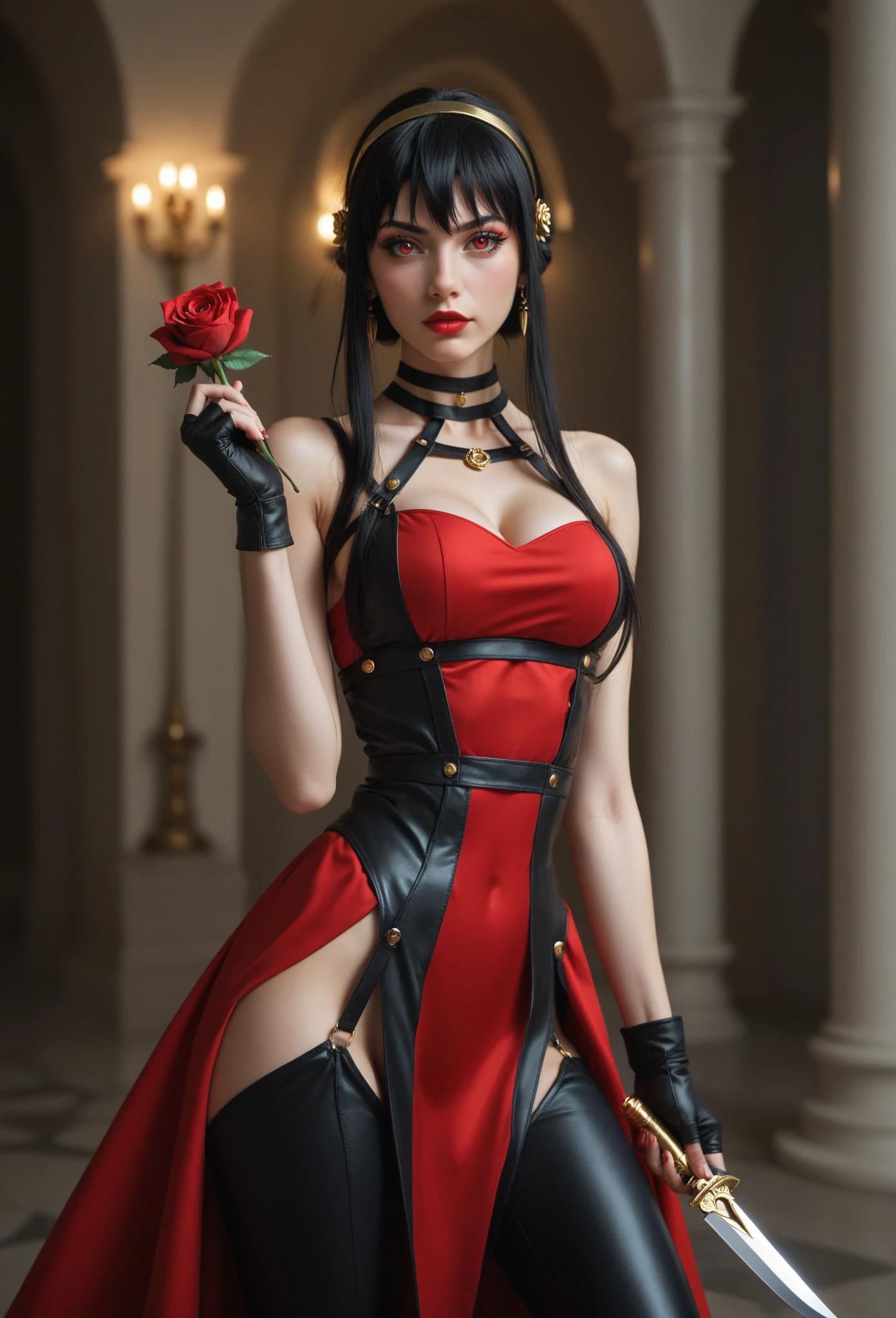 Yorbrier、
Super beautiful big glowing eyes、1girl in, in backlight, bare shoulders, black backgrounds, Black Dress, Black Gloves, Dark hair, Bloods, Blood on the face, Blood in weapons, breastsout, Mouth closed, cowboy shot, doress, 耳环, deadpan, Fingerless gloves, floting hair, with floral pattern, with floral pattern, florals, gloves, Gold Earrings, Gold Hair Band, flower in hair, hair adornments, shairband, ngel, holding weapon, jewely, large full breasts, light particules, length hair, looking at the viewers, Off shoulder dress、off shoulders、flower petals、red eyes、roses、Rose petals、Rose print、short hair with long locks、side locks、独奏、spikes、thighs thighs thighs thighs、two-sided dress、two-sided fabric、arma
、((masterpiece))