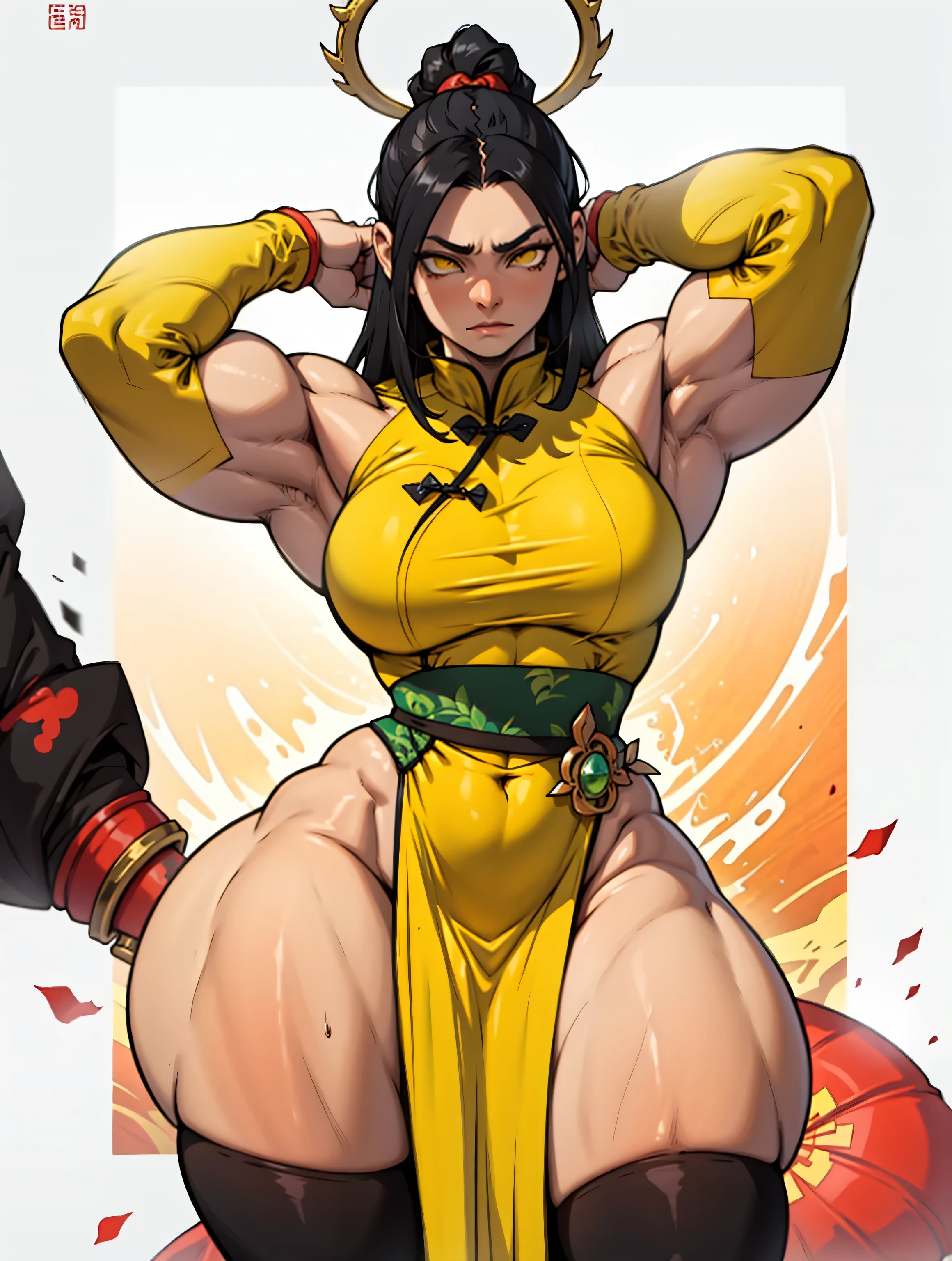 (((((muscular, 1 girl))))), (perky breasts, curvy, black hair, long hair, pale skin, angry, yellow eyes, chinese dress, solo)