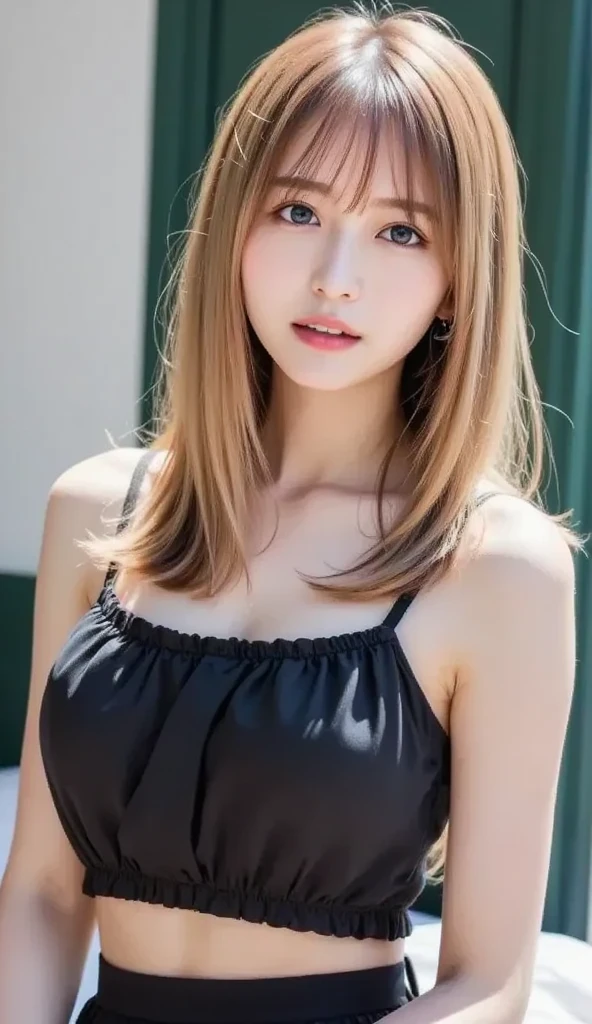 table top, highest quality, shape, Super detailed, finely, High resolution, 8k wallpaper, 完璧なダイナミックな構shape, beautiful and detailed eyes, Black tight dress, medium hair,blonde hair color ,small breasts, natural color lip, random sexy pose,random situation,slender body,narrow side,Wink sexily