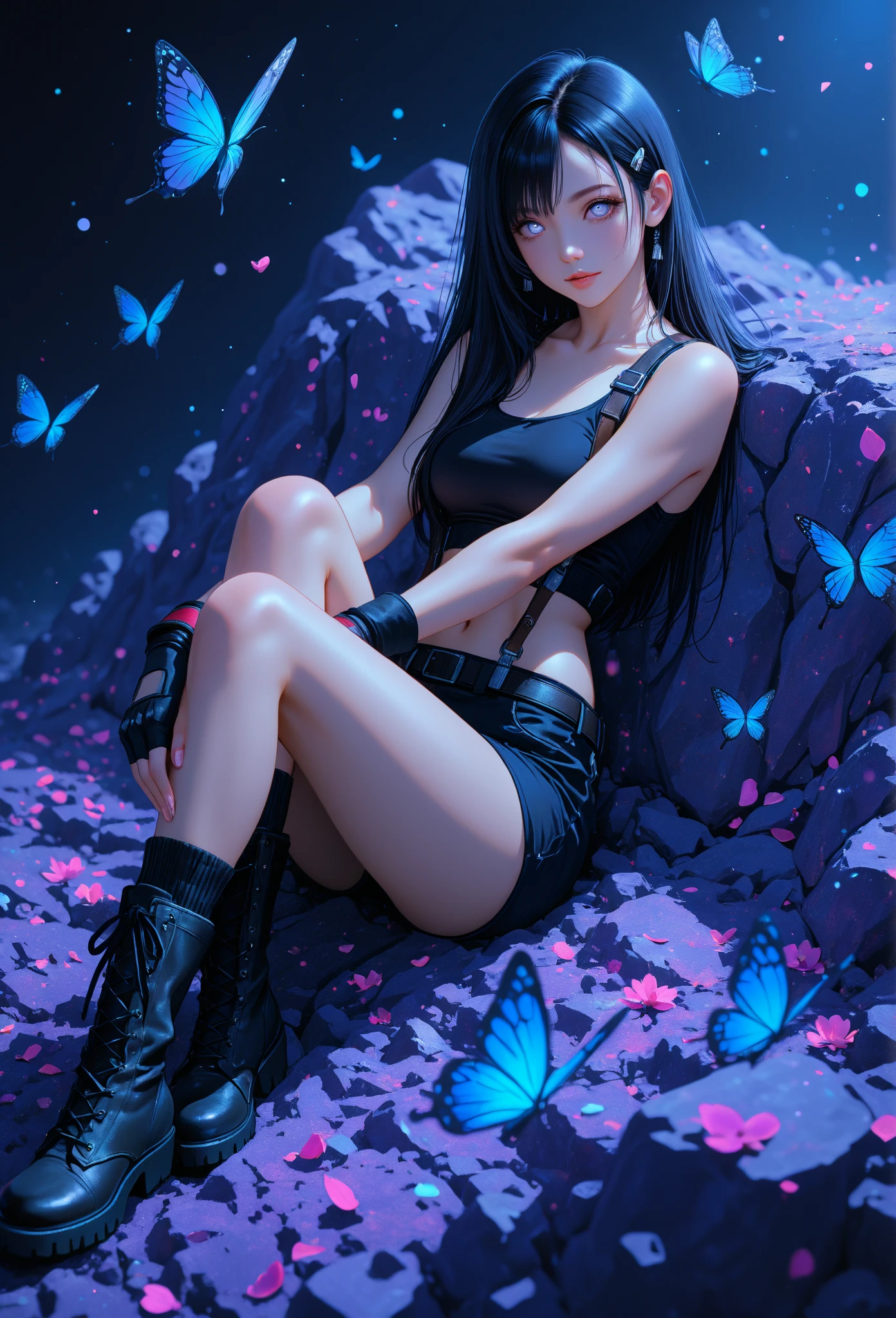 1girl, (score_9, score_8_up:1.1), score_7_up, fesolo, gothic, nature, glowing, luminescent, goth, naked, pale skin, black hair, standing, thong, shirt, crop top, arms up, adjusting hair, red eyes, midriff, cameltoe, bottomless, smile, thigh gap, starry night, garden, outside, blossoms, blue glowing butterflies, realistic, Goth girl, sinozick style