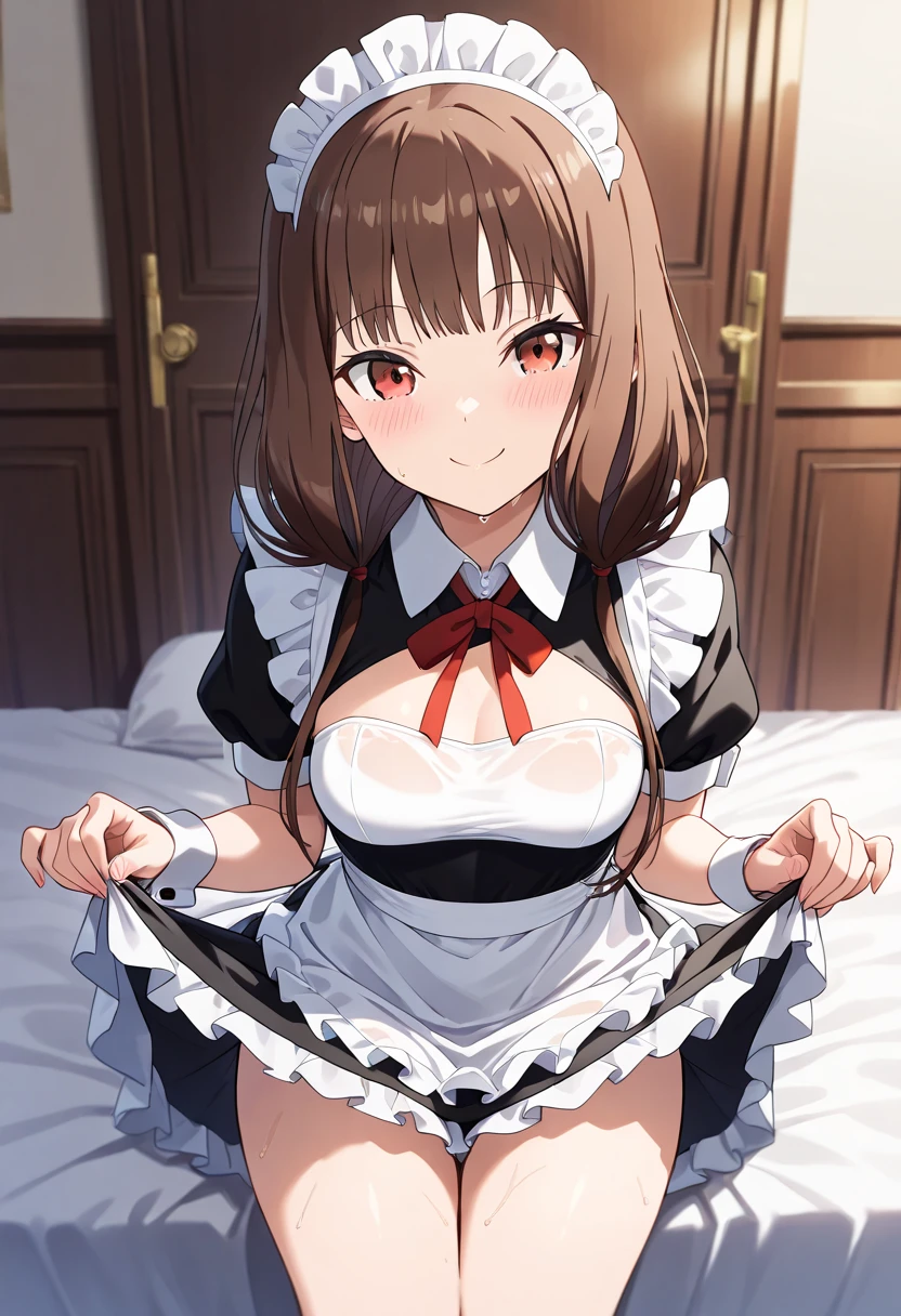 score_9, score_8_up, score_7_up, rating_explicit, 1girl, solo, honoka mitsui, mahouka koukou no rettousei, mitsui honoka, purple eyes, brown hair, medium hair, twintails, low twintails, large breasts, maid, maid headdress, detached collar, bikini, maid bikini, skindentation, frills, apron, frilled apron, maid apron, waist apron, detached sleeves, collarbone, navel, skirt, miniskirt, thighhighs, skindentation, cleavage, from above, wariza, hands on lap, breasts, looking at viewer, looking up, kneeling, on top, bed sheet, sweat, steam, steaming body, on bed, blush, smile, closed mouth