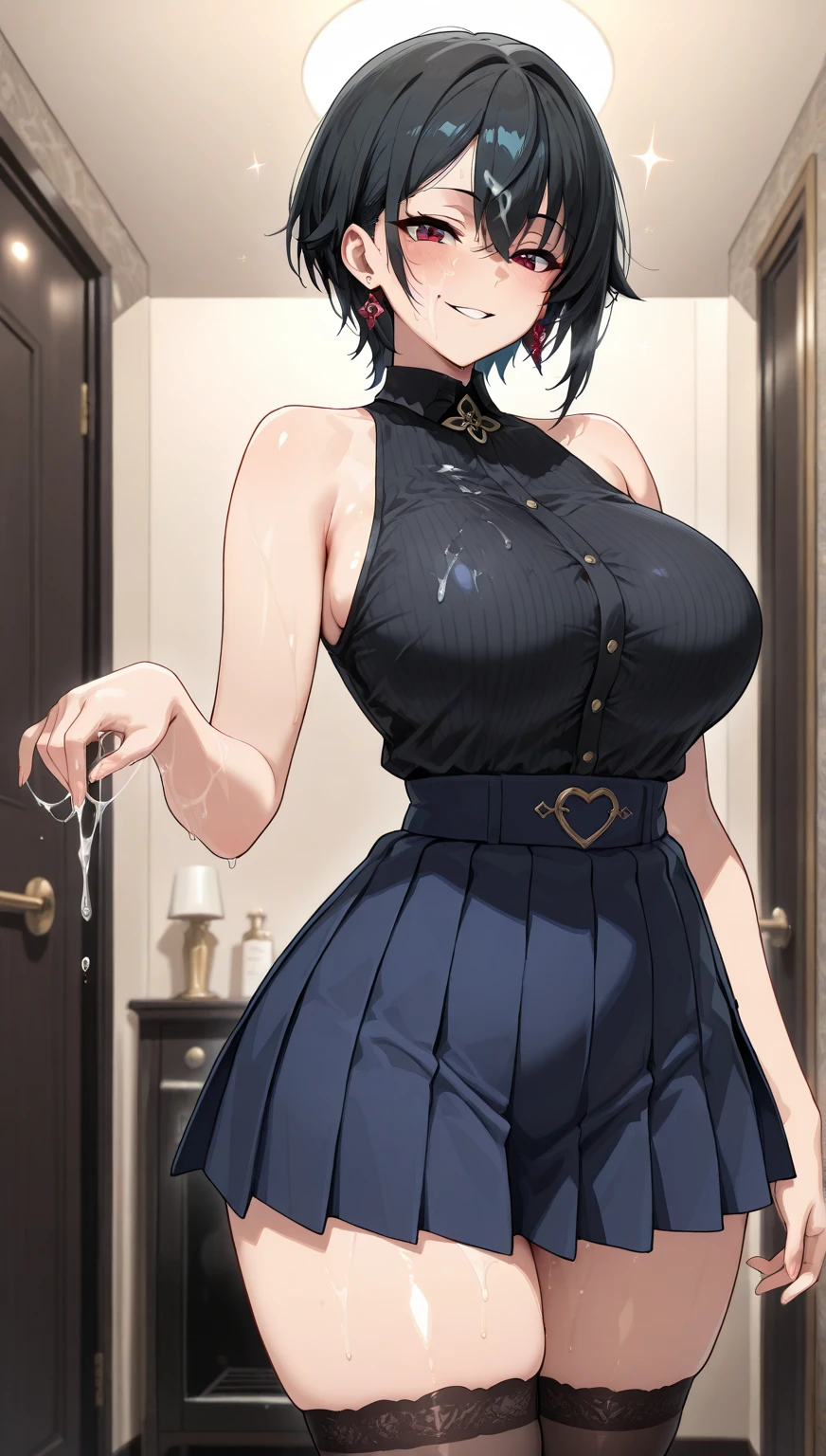 accused, breast focus, intense angle, full-body shot, 1girl, Ultra-thin black gauze tight uniform, disgust, (((bobcut))), Interlocking earring piercing, Hemispherical breasts, medium breast, nipple bulge, ((nipple tassel)), (Southern Hemisphere:1.8), Naked trench, clavicle, turnred face, short twintails, hair strand, huge ahoge, cat pose, shy, jitome, troll, POV, anime, UHD, anatomically correct, masterpiece, best quality, highres, 8k, super detail, award winning, best quality, highres, super detail, anatomically correct