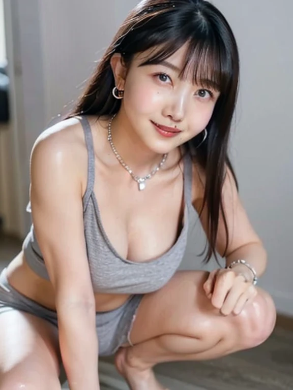 Surreal 8K CG,perfect faces,Impeccable perfection,ren,tmasterpiece,professional artwork,famous artwork,Innocent 14-year-old girl、((Wear a sleeveless T-shirt)、Wear small panties、Sitting in the room、A Smile、Raw foto, (8K、Top Quality、masterpiece:1.2)、(delicate detail:1.4)、(Photorealcitic:1.4)、octan render、Complex 3D rendering, Ultra-detail, Studio Soft Light, Rim Light, vibrant details, Super detailing, Realistic Skin Textures, Detail Face, Beautiful detail eyes, Highly detailed CG Unity 16k wallpapers, Makeup-, (detailed background:1.2), shinny skin、turned around、exposed thighs!!!,Sorrisos, Wave hair