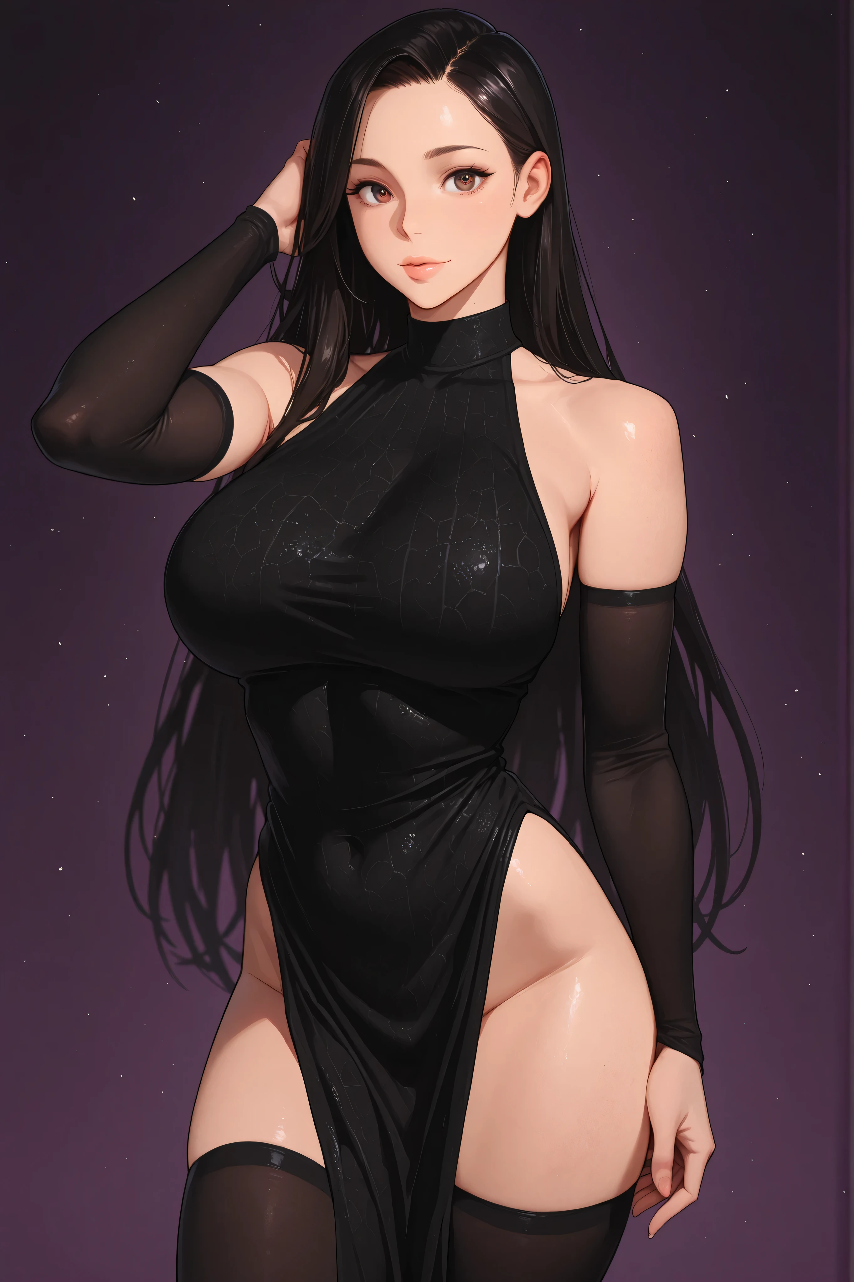 Masterpiece, Ultra quality, good lighting, shadows, perfect anatomy, posing, 1 girl, 21 years, mature girl, cute face, beautiful body, long black hair, black eyes, seductive eyes, red tight dress, neckline, background room, rear, breasts, Thighs, seductive, hot, spicy, NSFW,