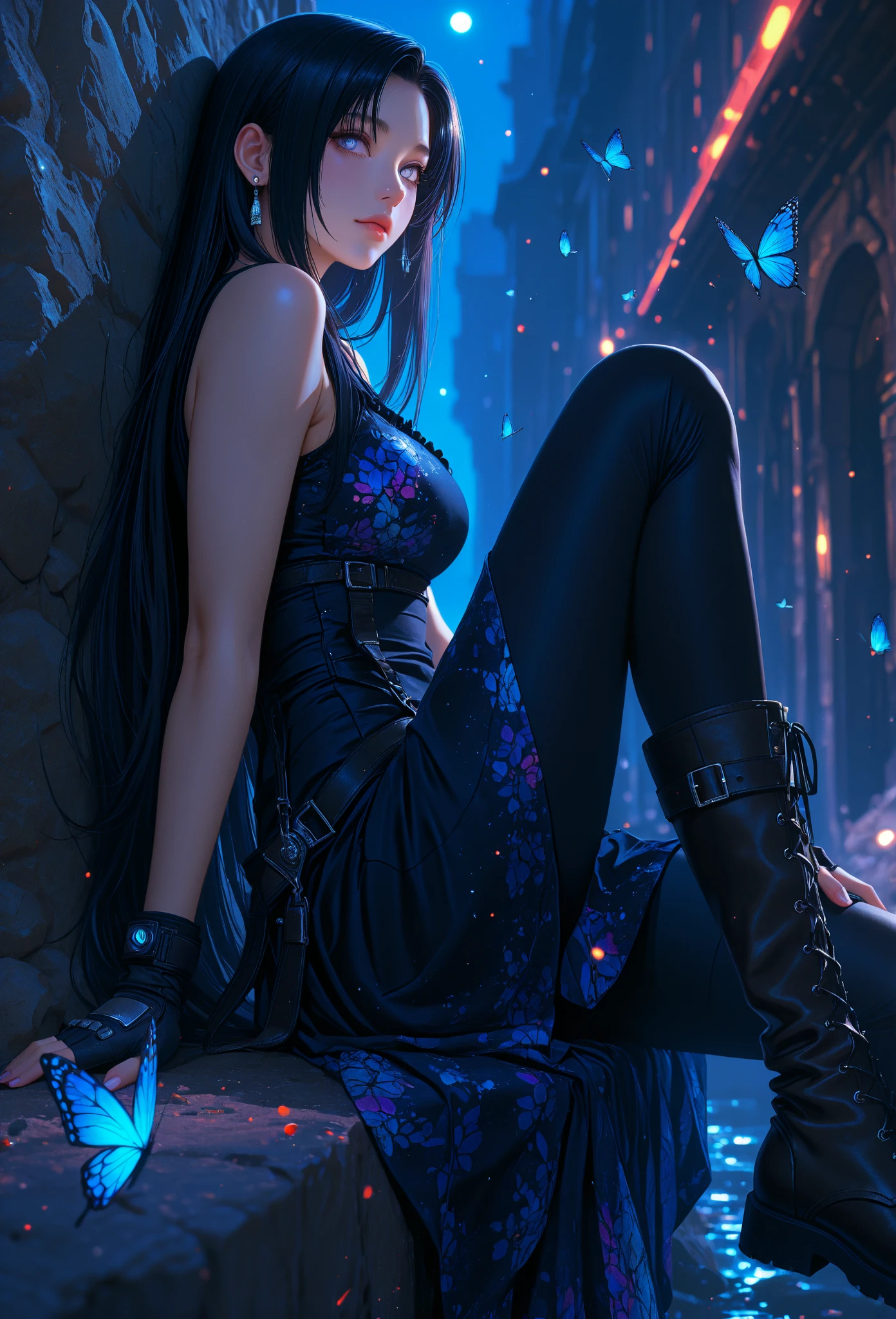 Model: long wavy black hair, full dark lips, Smoky eyes, BREAK, Setting: Room with black light, Broken glass, Spectrum Crystals reflect the spectrum, neon lights, BREAK, bodypaint: Polychromatic geometric patterns, Torso cover, Arms and legs, BREAK, Accessories: Chrome-plated torn body chains, Silver Choker, black feathered white black wings, BREAK, the pose: crouching, The head is tilted upwards, looking forward.