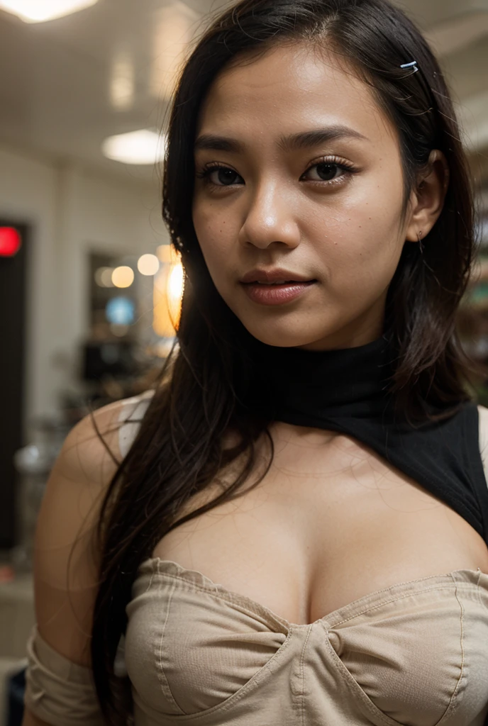(best quality,4k,8k,highres,masterpiece:1.2),ultra-detailed,realistic,photorealistic:1.37,indonesian woman,student high cosplay,beautiful detailed eyes,beautiful detailed lips,extremely detailed face,long eyelashes,beauty big breasts,long black hair,pubic hairs,cosplay costume,sexy pose,playful expression,green eyes,warm lighting,colorful background,bokeh,portrait style,vivid colors