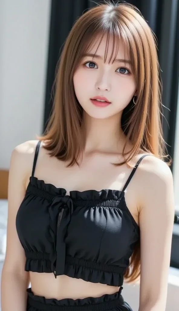 Tabletop, Highest quality, figure, Very detailed, In detail, High resolution, 8k wallpaper, Perfect dynamic composition, Beautiful attention to detail, (V-neck shirt、Bra visible 1.2),Medium Hair,  Natural color lip, Random sexy poses,