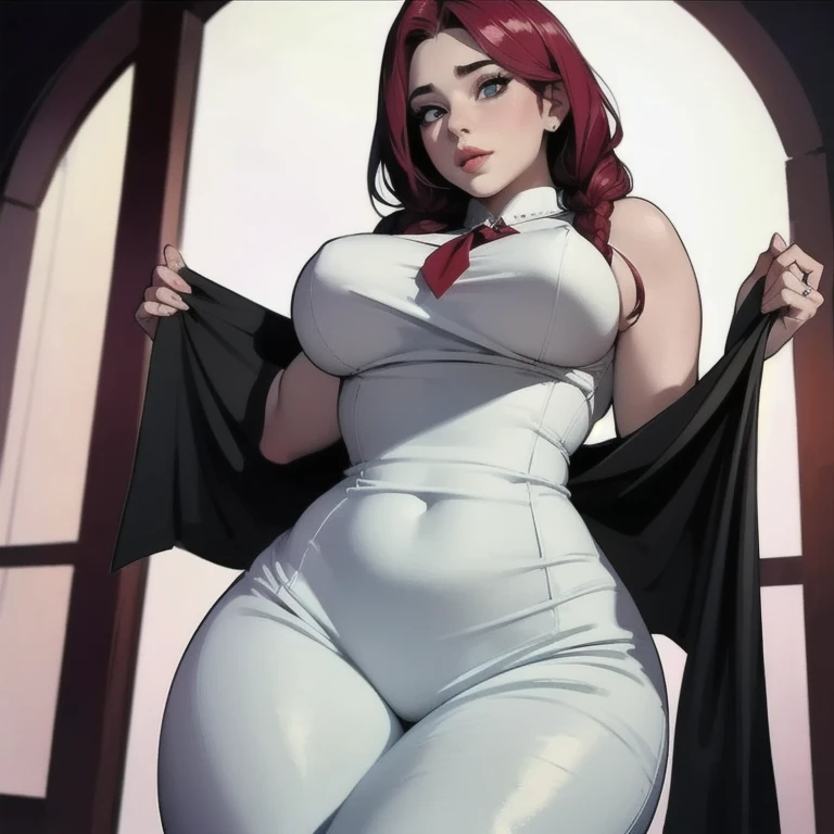 Sesa(Arknights),red hair,horn(dark red),curvy body, wearing appropriate clothes(Muslim), big cleavage,big thighs, blushing, bedroom, night setting.