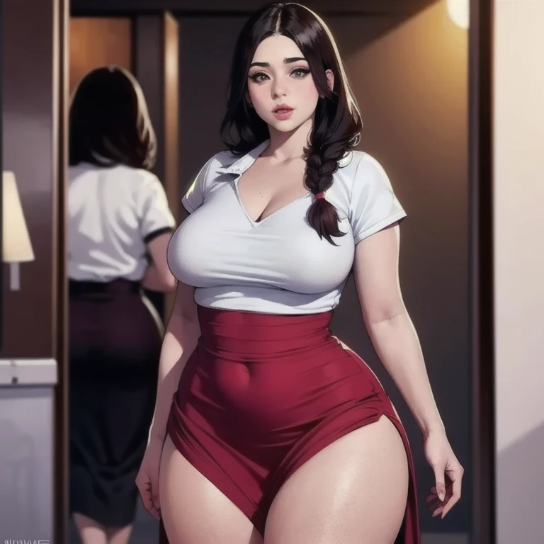 8K, detailed, anime, smooth anime CG art, masterpiece, high quality, highres, best quality, highres, 1girl, disheveled hair, illustration, focus on face, simple background, long hair, socks, black hair, hair between eyes, calm, dress shirt, long bangs, tied hair, braided hair, narrow eyes, ribbons in hair, crimson red eyes, large breasts, breasts, perfect face, perfect legs, no pants, full lips, add_detail:-3