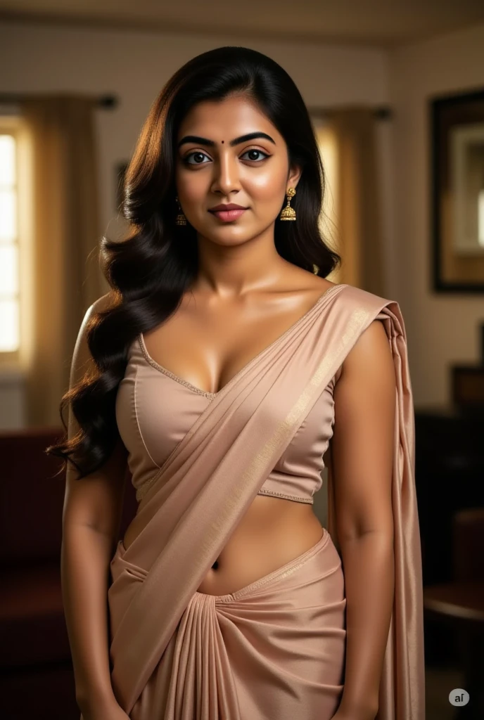 Create an ultra-realistic image of a modern, attractive female influencer of Indian descent, aged between 27 to 30. She should have a warm and inviting smile, expressive almond-shaped eyes with a slight shimmer, and clear, glowing skin with a medium brown complexion. Her features should be well-defined, with high cheekbones and a sharp jawline. Her hair should be long, thick, and styled in a classic chignon with delicate pearl hairpins, with a deep, reddish-purple hue that’s bold yet sophisticated. She should have a slender yet athletic build with gigantic breasts (plump: 1.3) (((Generate an image of a young woman wearing a traditional Indian saree. The saree is dark green with gold embroidery on the blouse and along the saree's border, adding a touch of elegance. The blouse has a short sleeve and a deep neckline, highlighting her slender figure. The woman is standing sideways, allowing the saree’s drape to be visible while she slightly turns her head towards the camera, offering a soft and composed expression. Her long, wavy hair falls naturally over her shoulders, complementing the overall traditional look. The background is simple and neutral, with soft, warm lighting enhancing the details of her attire.))))