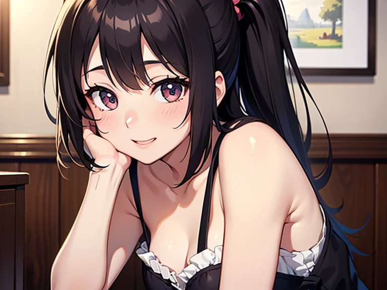 Sitting on a black sofa,looking ahead,from above,handjob,side view,face focus,open mouth,tongue out,cum on tongue,Licking a white dildo,(1girl,Beautiful 14 year old girl),((Slender,Small breasts,Baby Face,Small face,)),looking at viewer,Black Hair,bangs,two side up,Gray Eyes,Drooping eyes,slit pupils,narrow eyes,Sheer black and dark pink negligee,lingerie,Beautiful and detailed anime art,Mischievous smile,Dimly lit room,Simple Background,Gray background,Low lighting
