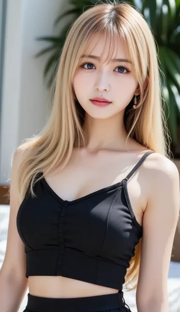 ((Highest quality, 8K, masterpiece :1.3)), Sharp focus :1.2, Beautiful woman with perfect figure :1.4, Slim Abs :1.2, ((Big Breasts, Emphasize cleavage:1.3)), (Photorealistic:1.4), (realistic:1.4), (Blonde:1.5), Highly detailed face and skin texture, Fine grain, double eyelid. Makeup face. A little bit of lipstick, necklace, Earrings, sex appeal, Sexy gravure pose, ((Beautiful woman in a black tight dress、At a fine dining restaurant、Provocative smile、Long hair over the shoulders、Her underwear is showing through a slit in her dress。:1.3)