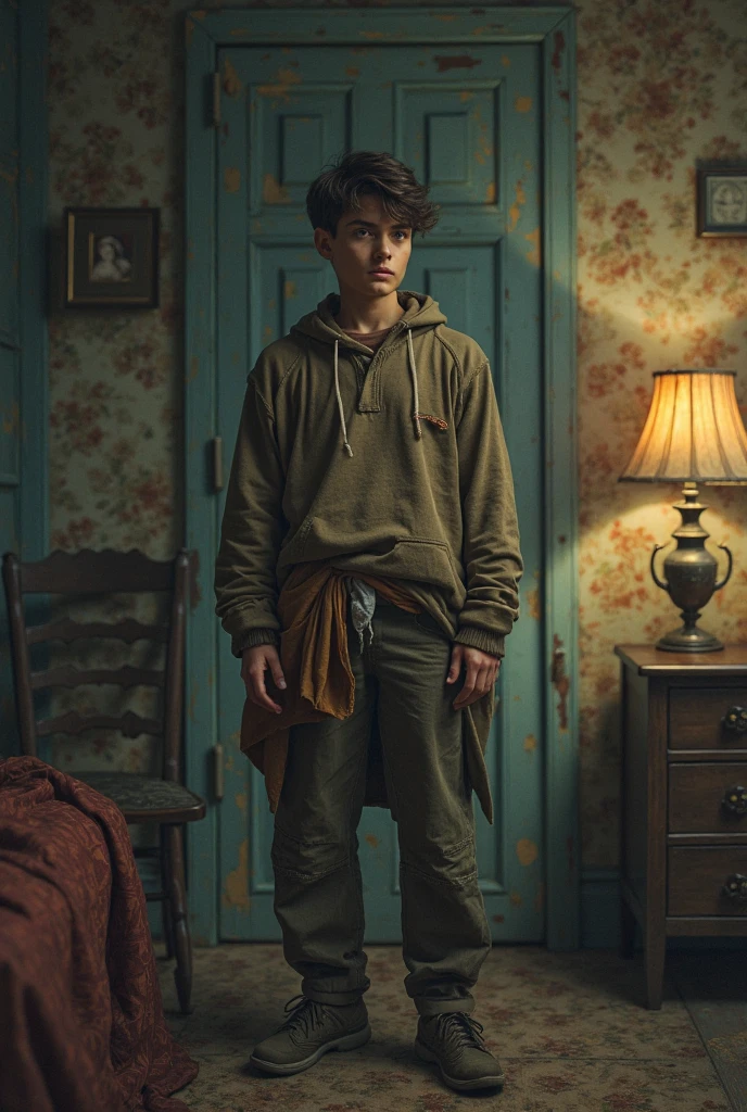 thirteen-year-old boy, poor, sad, sitting, bloody dirty on face wearing dirty clothes and house looking dirty, realistic,torn coat, scary house, professional photography