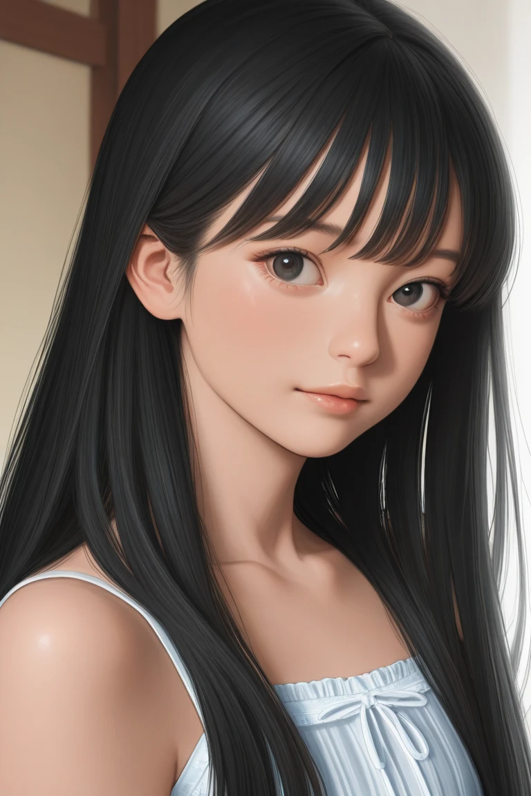 1 young pretty skinny girl, POV, seductively posing in bed, watch viewer, masterpiece, top quality, photorealistic, 1girl, flat bangs, stunning innocent symmetrical face, small breasts, realistic young allalin idol, cute pretty girl, young and cute girl, (PureErosFace_V1:0.7),