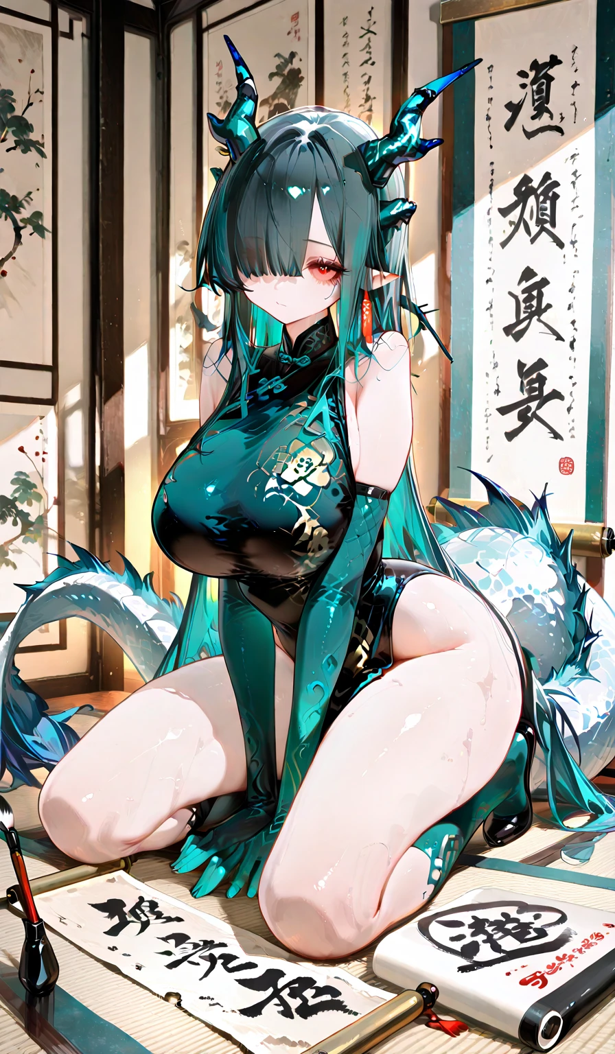 ((Highest quality、unity 8k wallpaper、32K、masterpiece、Very detailed、Ultra-high resolution、Ultra-high resolution、 Very detailedな顔, RAW Photos, Professional, Ultra-fine painting, Anatomically accurate lizard man)) Kotegawa Yui morphing into lizardwomen, kotegawayui, black long hair, yellow eyes, ((Reptilian eyes)、Mouth with sharp fangs、From shoulder to clavicle、Covered in fine scales up to the neck、(Above the buttocks、A long, impressive lizard tail connected to the spine growing from the tailbone) 、Lizard legs with sharp claws、Fine blue scales growing like thigh-high socks、Fine blue scales growing like long gloves、Long fingernails)、Nipples in full view、((Fine scales on the flank、Fine blue scales growing around the waist, Scales on the back、Scales from flank to thigh))、The boundary between the scales and the skin is not clear、