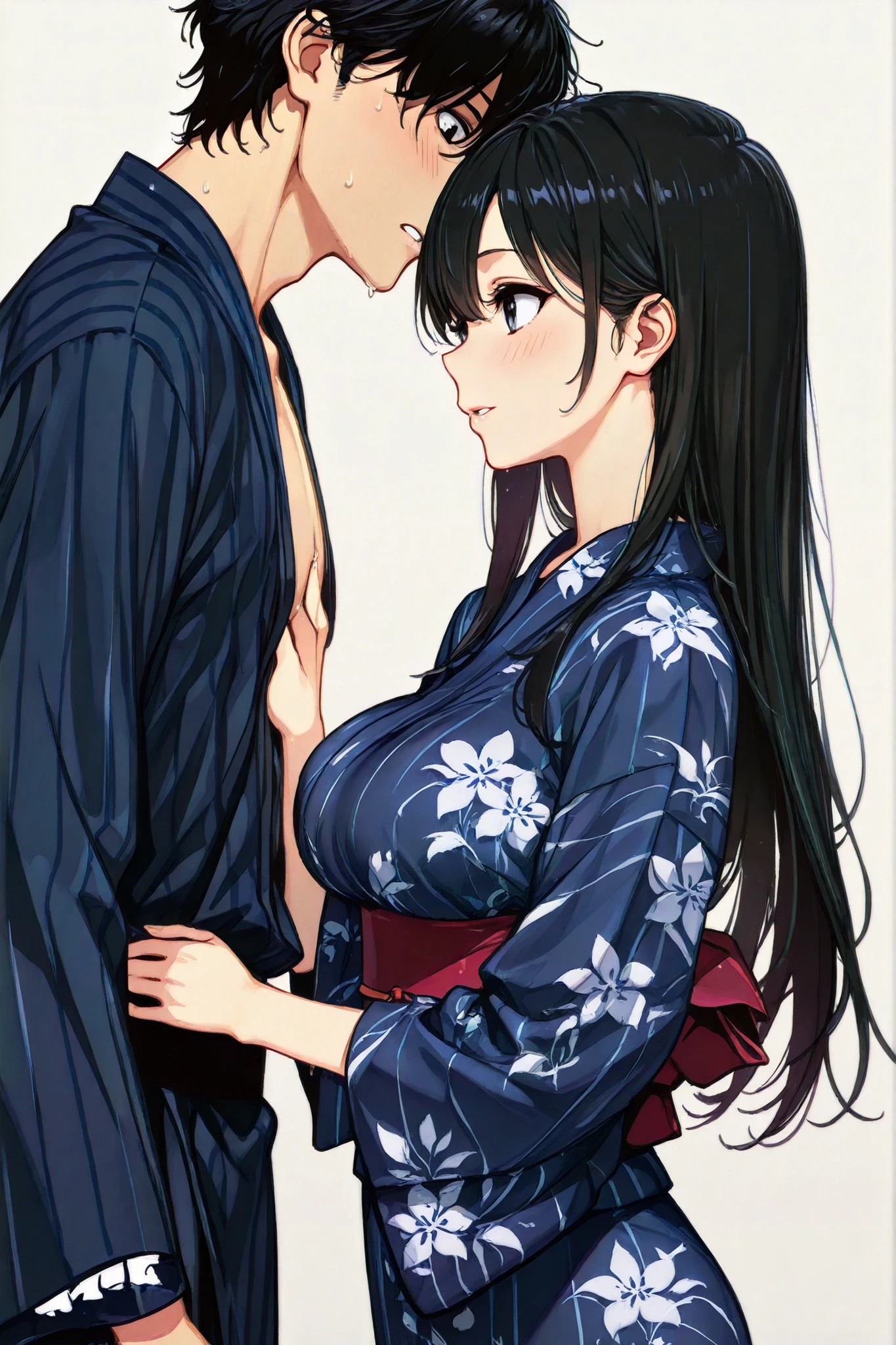 kimono-dress,A woman wearing a dark blue yukata is sixtynine with a man women have long black hair must prevent the chest of a woman's yukata from sticking off Women are feeling sexually Women seem happy Women's breasts are slippery