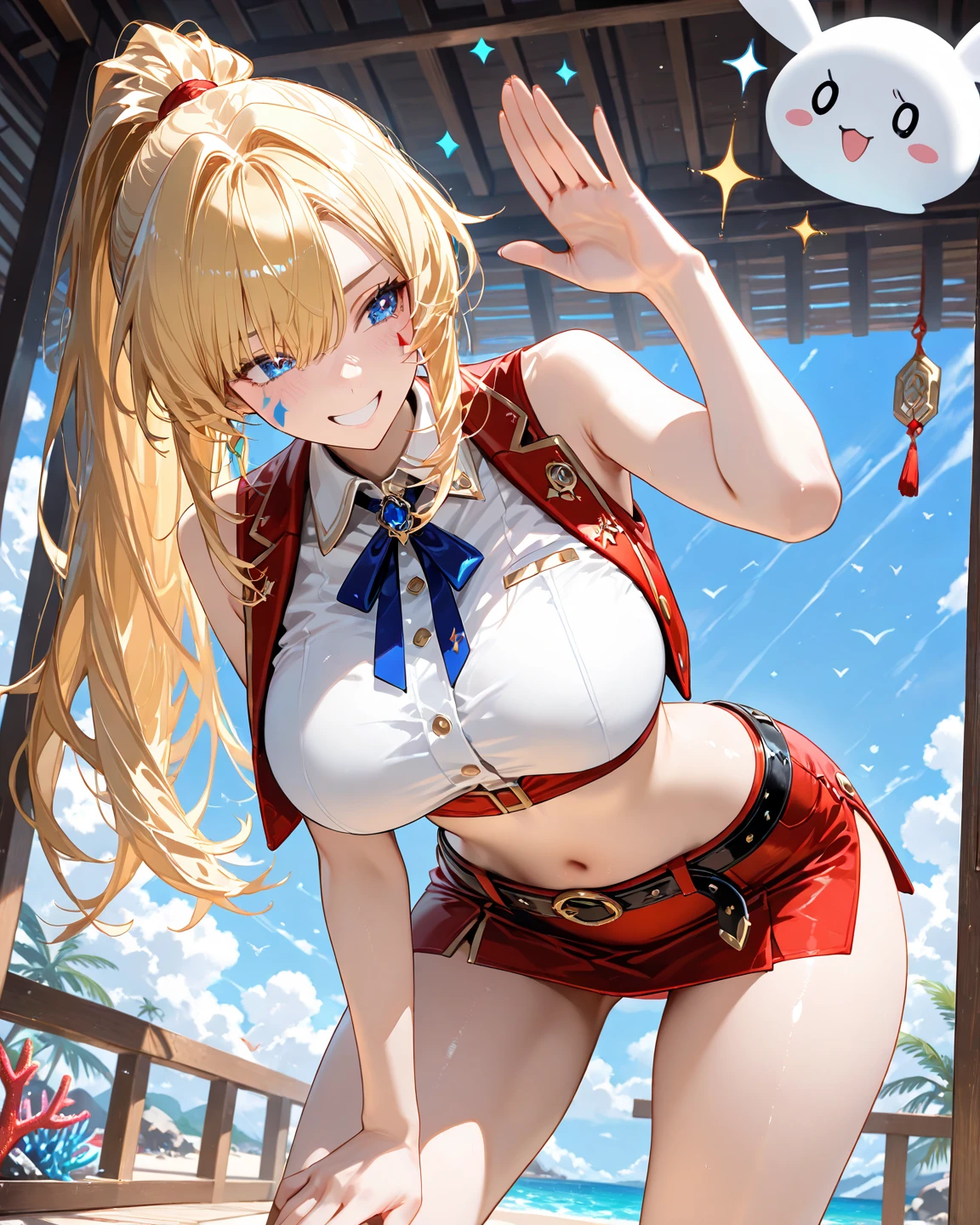 1 girl,highest quality,Super high quality,Ultra-high resolution,anime characters,beautiful eyes,Detailed contours,big breasts,spread your legs,sweat all over,blonde,beautiful big breasts,Full view of pussy,smile,white mini skirt,underboob,Angle from directly below,open your mouth,Don't show your nipples,beautiful feet,my nipples are erect,cleavage,China dress,Belly exposure,blue sky,Kneeling,Bend your upper body back,