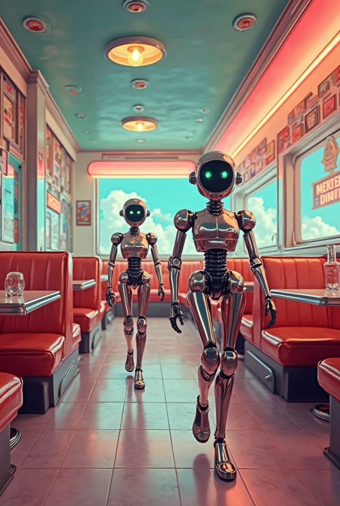 A 1950s-style diner populated by friendly retro robots, pastel colors, vintage sci-fi poster aesthetic, warm lighting, nostalgic and cozy."*