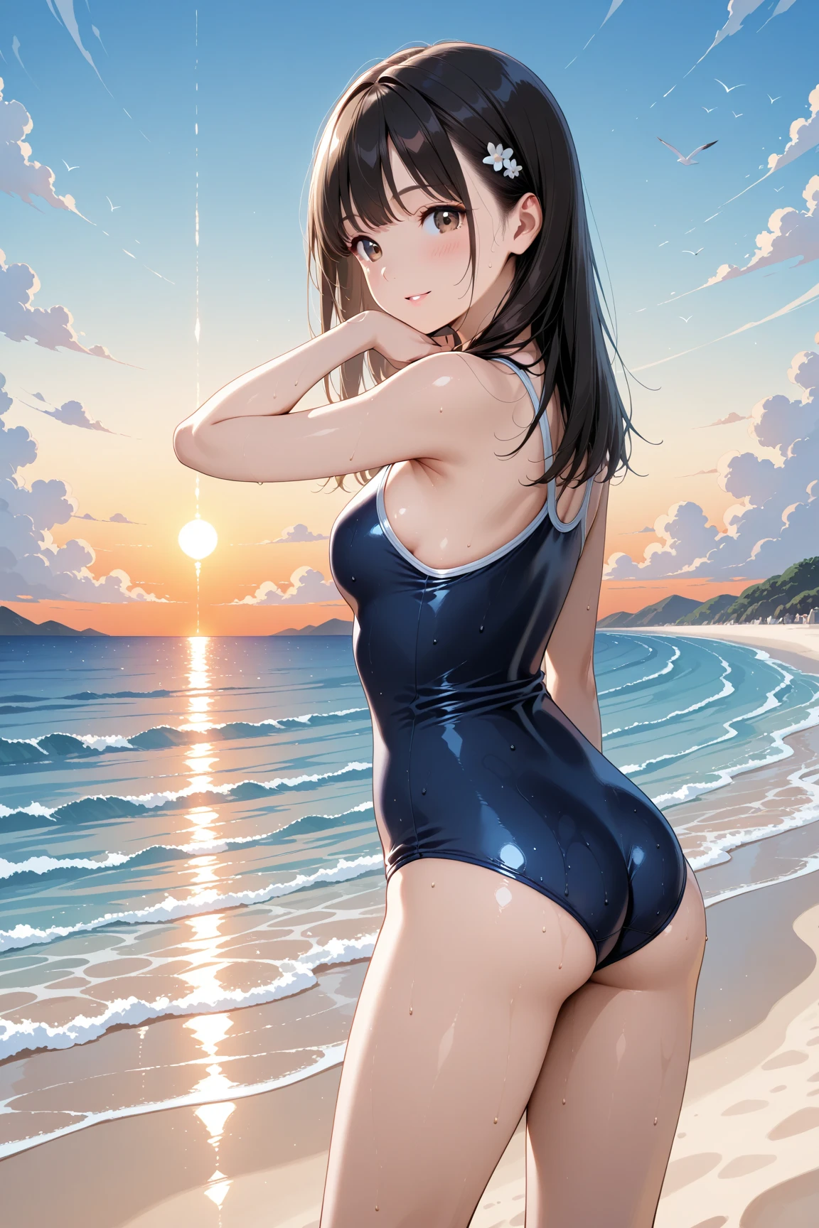 (masterpiece, best quality, 8k ultra high resolution:1.4), (Tropical, Beachside, Flowers: 1.4), depth of field, cinematic focus, from dramatic below angle, emotional composition, Innocent pose
BREAK
young kawaii girl, slender body, flat chest, provocative and smirk and love face expression, ultra detailed shiny skin, dark blue one-piece swimsuit, (wet and shiny detailed swimsuits: 1.2), wet and shiny thighs, perfect and beautiful hip
BREAK
(realistic: 1.2), beautiful pony-tail hair, wind, detailed in the wind, petals dancing in the wind
BREAK
ultra detailed crystal eyes, bright red jewelry eyes