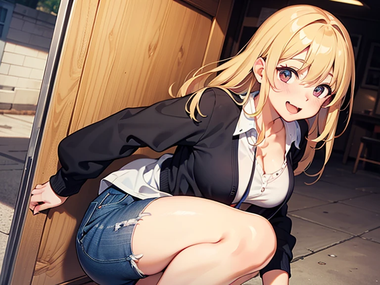 (masterpiece, best quality:1.2), highly detailed, extremely detailed CG unity 8k, ultra high res, 1girl, solo, bisquedoll anime style, kitagawa marin, 1girl, bead bracelet, beads, blonde hair, blush, bracelet, jewelry, long hair, plaid, red eyes, outdoors, smile, solo, white background, ((masterpiece)) <lora:bisquedoll_anime_style_offset:1>,( (bent over)), (wearing loose low-cut top), collarbone, cleavage, open mouth, open shirt, miniskirt, ((small breasts)),