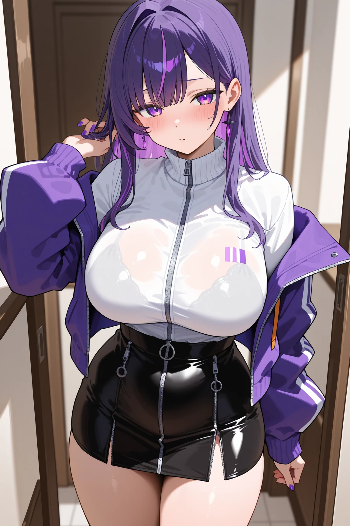 Purple Hair　detailed　masterpiece　Low Ponytail　Female college student　thin　mysterious　i doubt it　smile　whole body　28 years old　mature　Private services to the police　naked　Show your crotch　A large amount of semen is overflowing from　Sexual pleasure