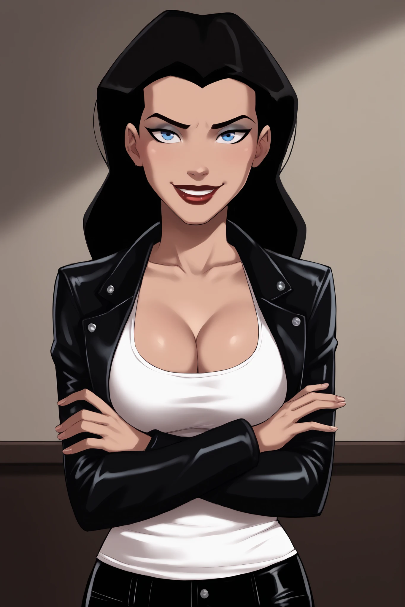 safe_pos, PonyXLV6_Scores BREAK ((parody style, parody), perfect anatomy, perfect eyes, cowboy shot), BREAK zatanna, black hair, blue eyes, dark red lipstick, makeup, ((looking at viewer)), curvy, athletic, large breasts, cleavage, smile, seductive expression, bedroom eyes, black leather jacket, white tank top, black leather pants, long sleeves, bedroom, indoors, standing, portrait, closeup, arms crossed, crossed arms